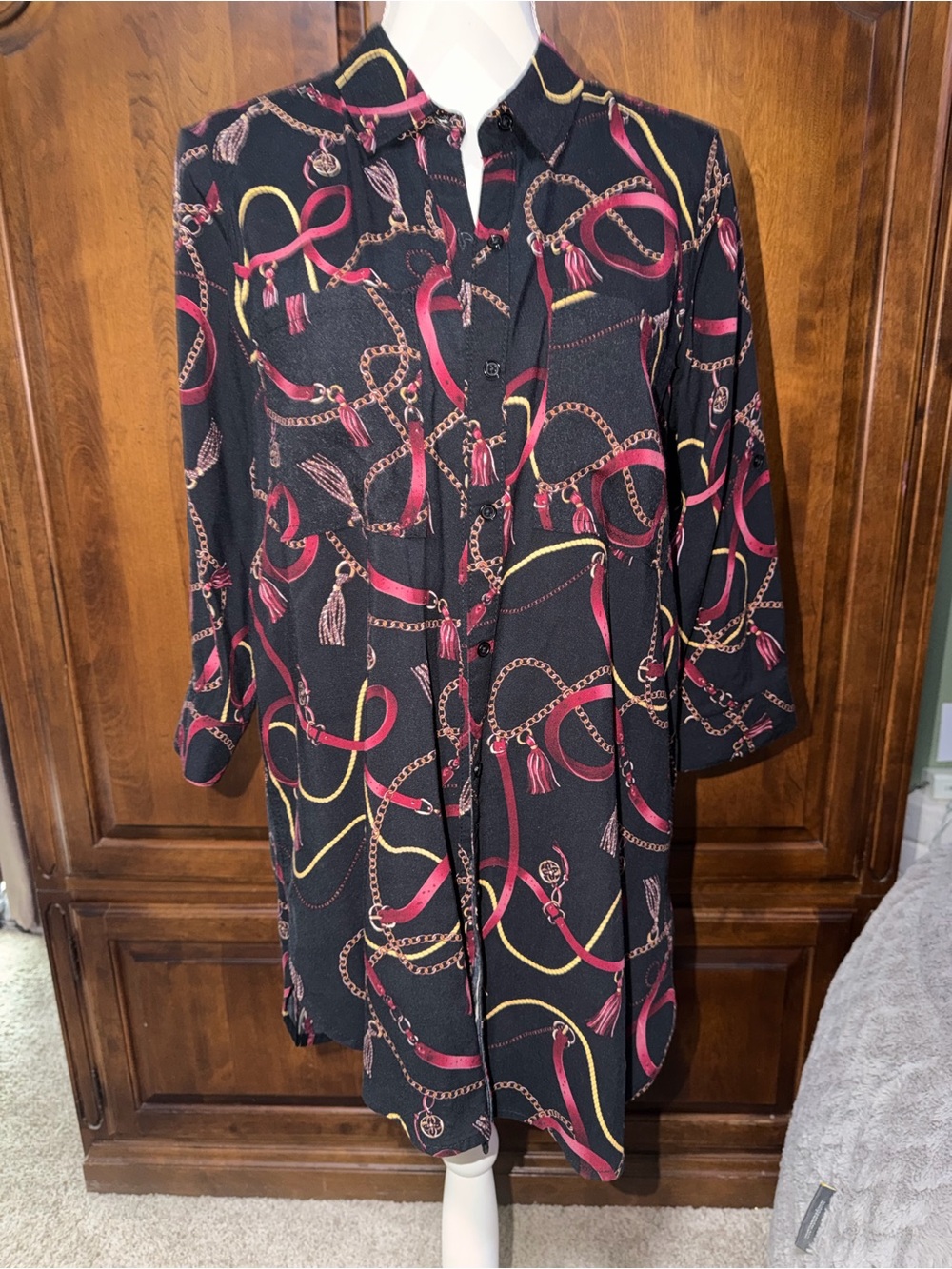 Black Chain & Tassel Print Tunic blouse with Red and Gold Accents